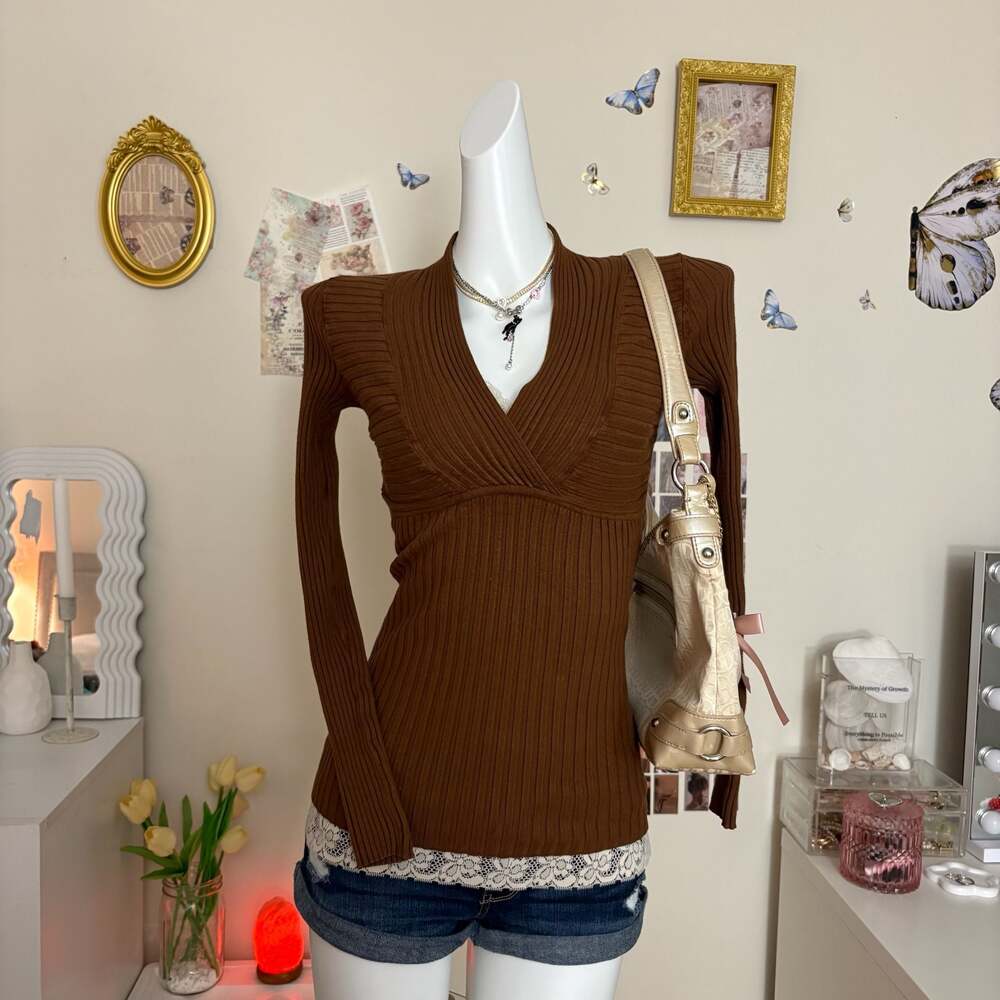 INC Vintage Y2K Brown Ribbed Knit V Neck Long Sleeve Sweater Top Earthcore Goth